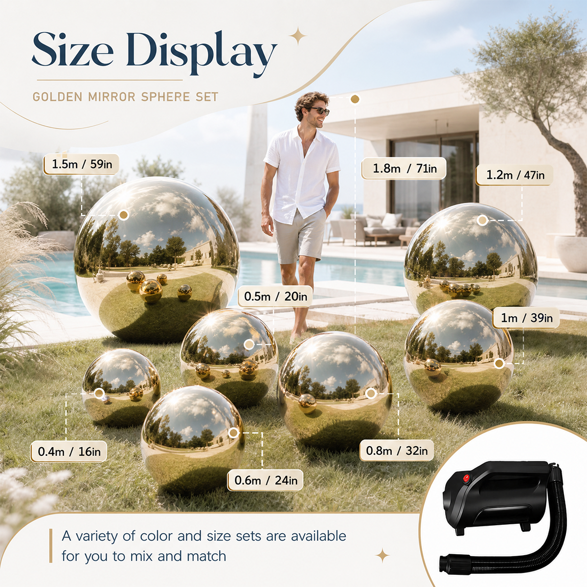 Vibe Reusable Inflatable Mirror Balls for Disco Parties & Events-4PCS-19.7"+31.5"+47.2"+59.1"-Gold