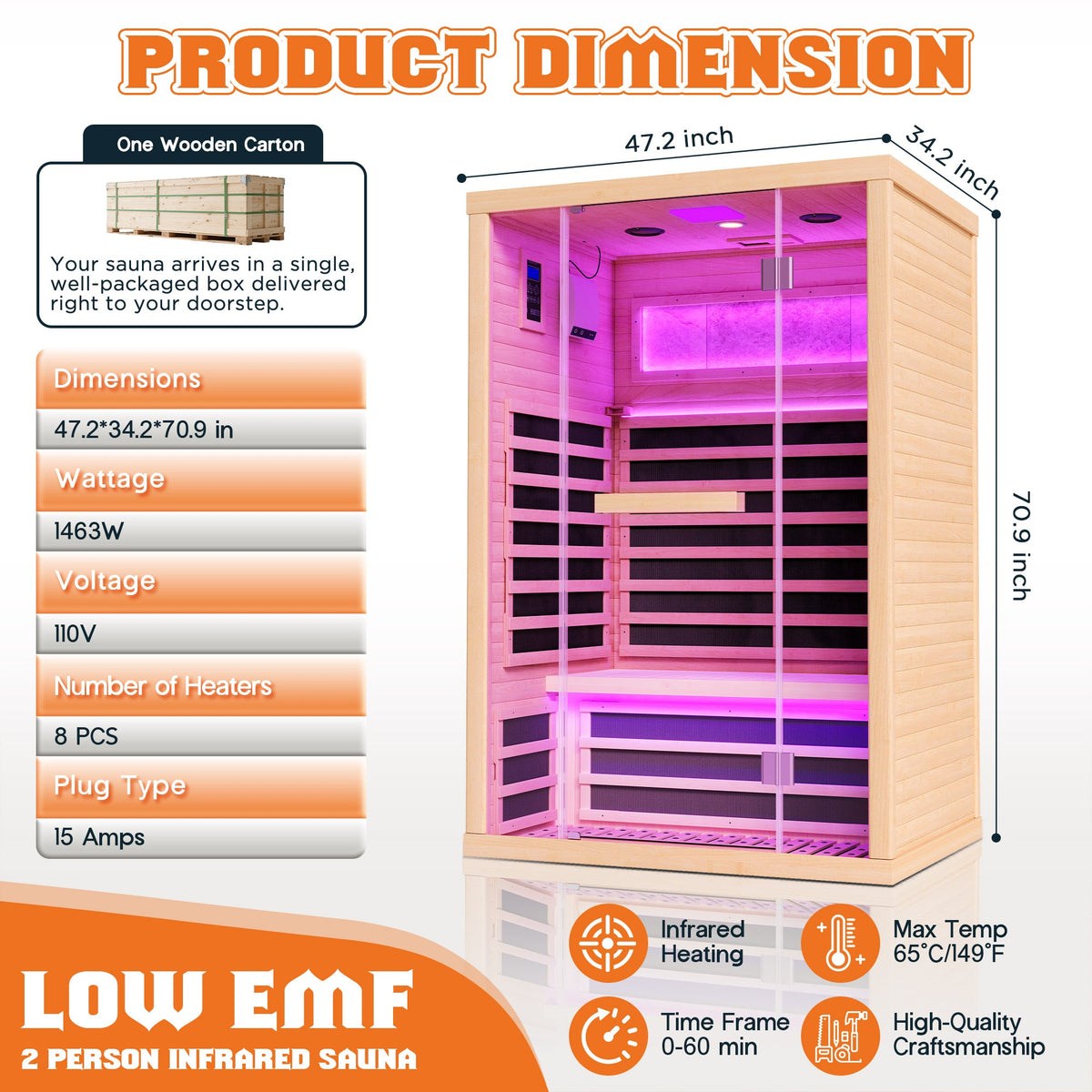 Low EMF Infrared Saunas for Home Amerlife 2-Person 47.2*x34.2*x70.9 Inch