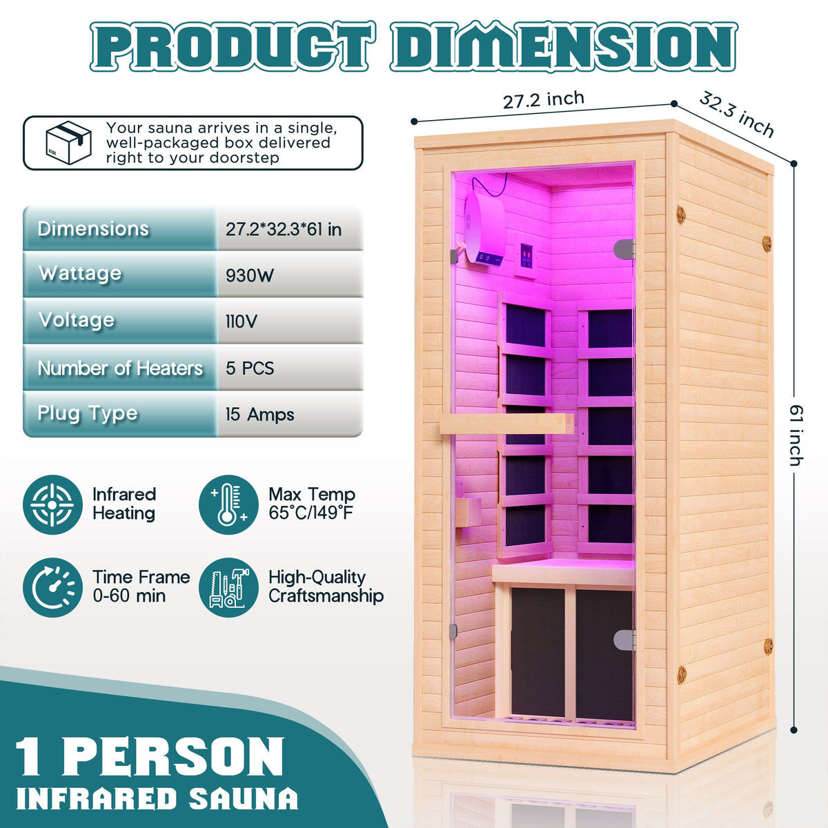 Low EMF Infrared Saunas for Home Amerlife 1-Person 27.2*32.3*61 Inch