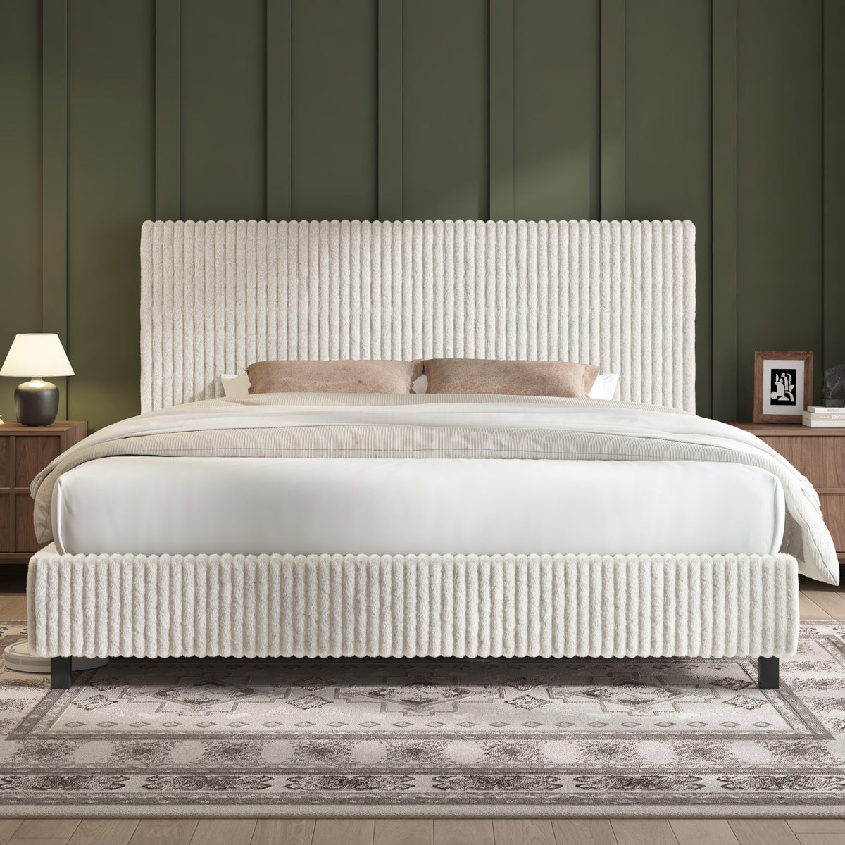 Velmure Corduroy Platform Bed Frame-King-Cream