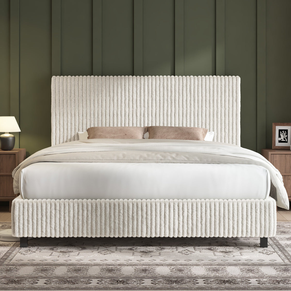 Velmure Corduroy Platform Bed Frame-Queen-Cream