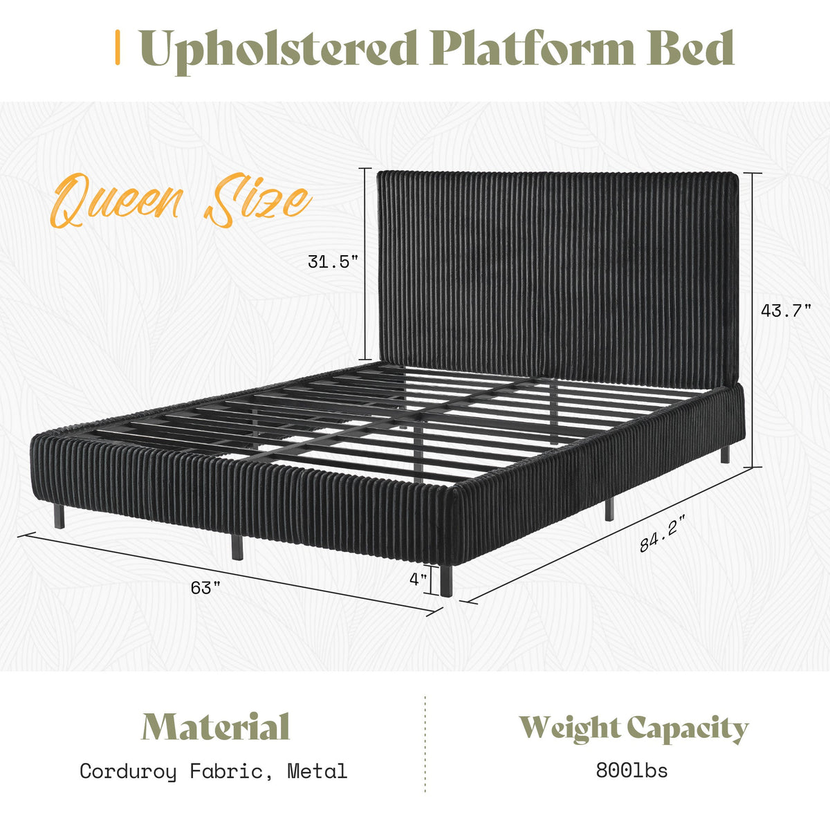 Velmure Corduroy Platform Bed Frame-Queen-Black