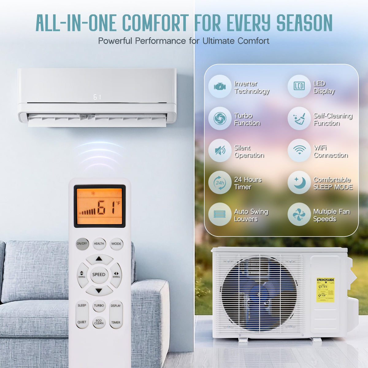 Whisper Ductless Mini Split AC and Heating System-12000BTU-220V