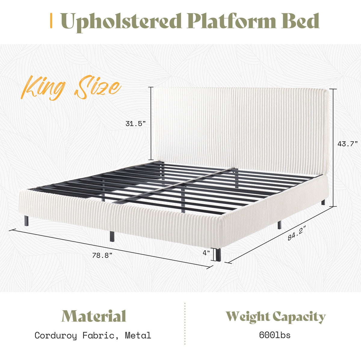 Velmure Corduroy Platform Bed Frame-King-Cream