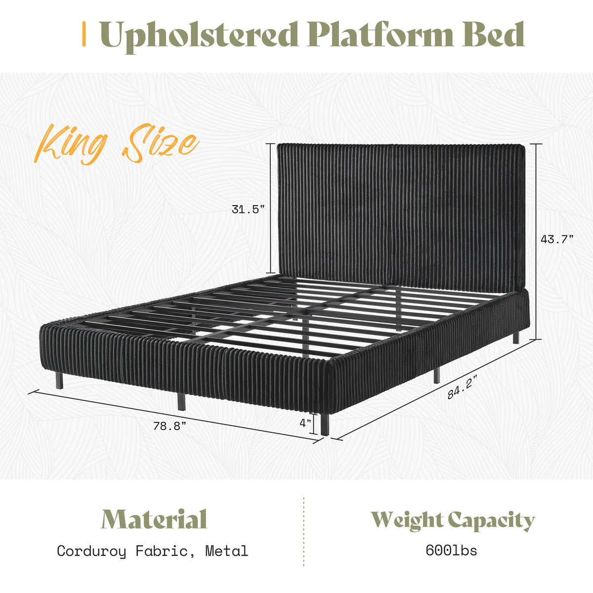 Velmure Corduroy Platform Bed Frame-King-Black