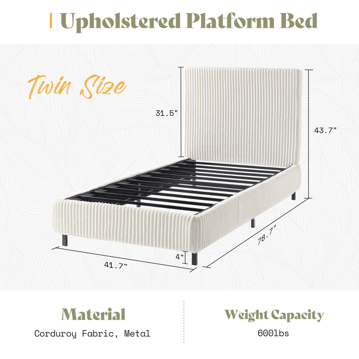 Velmure Corduroy Platform Bed Frame-Twin-Cream