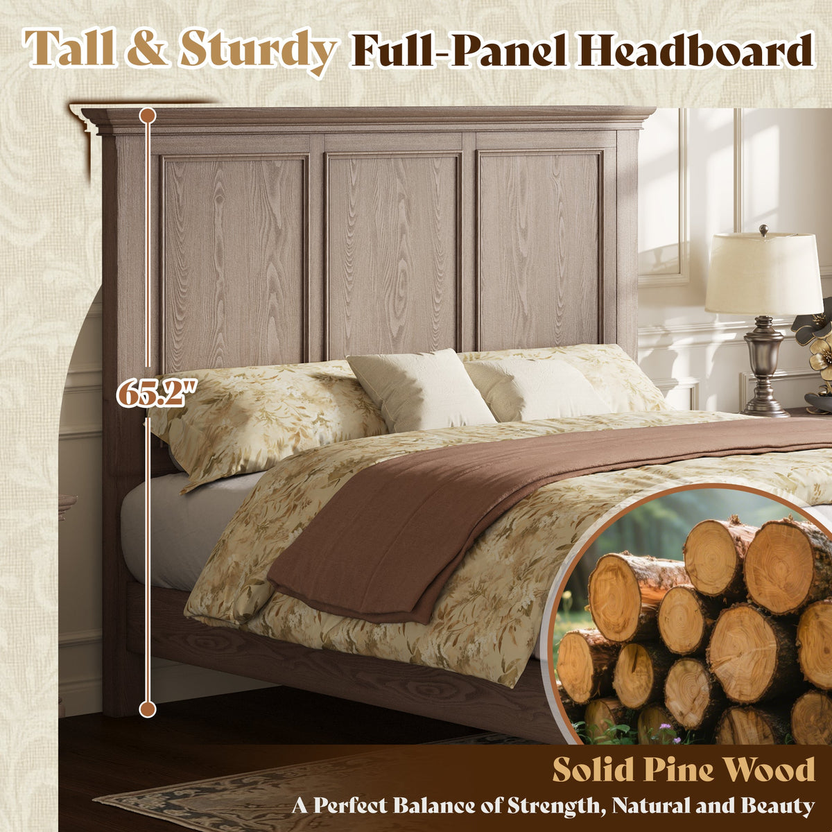 Bobbin Solid Wood Platform Bed-Taupe Gray-Queen
