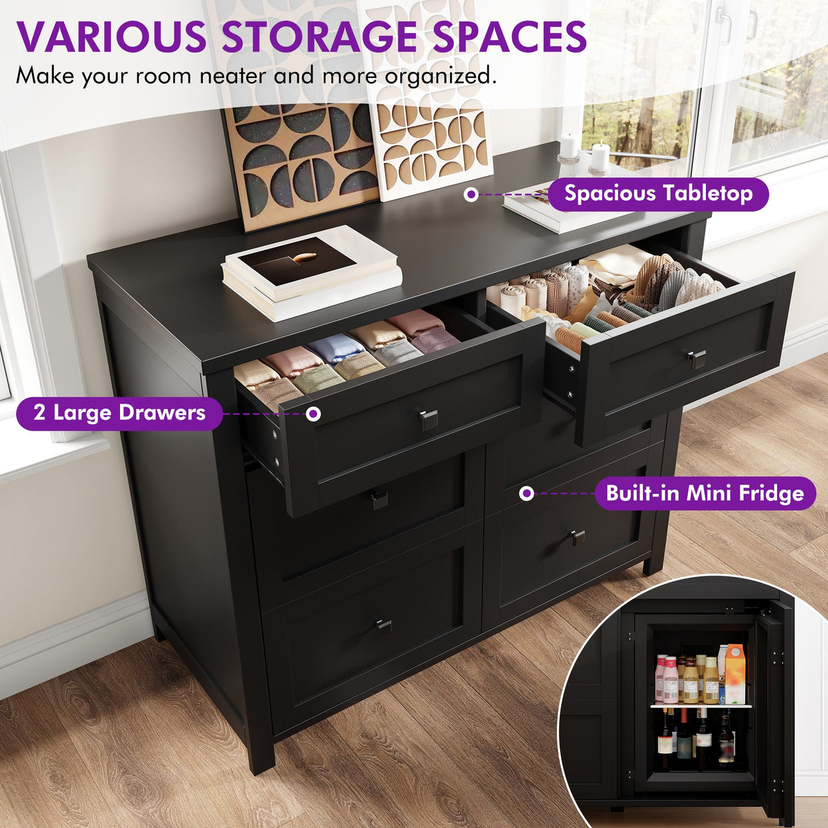 Faux 41" Dresser with Built-in Mini Fridge -Black