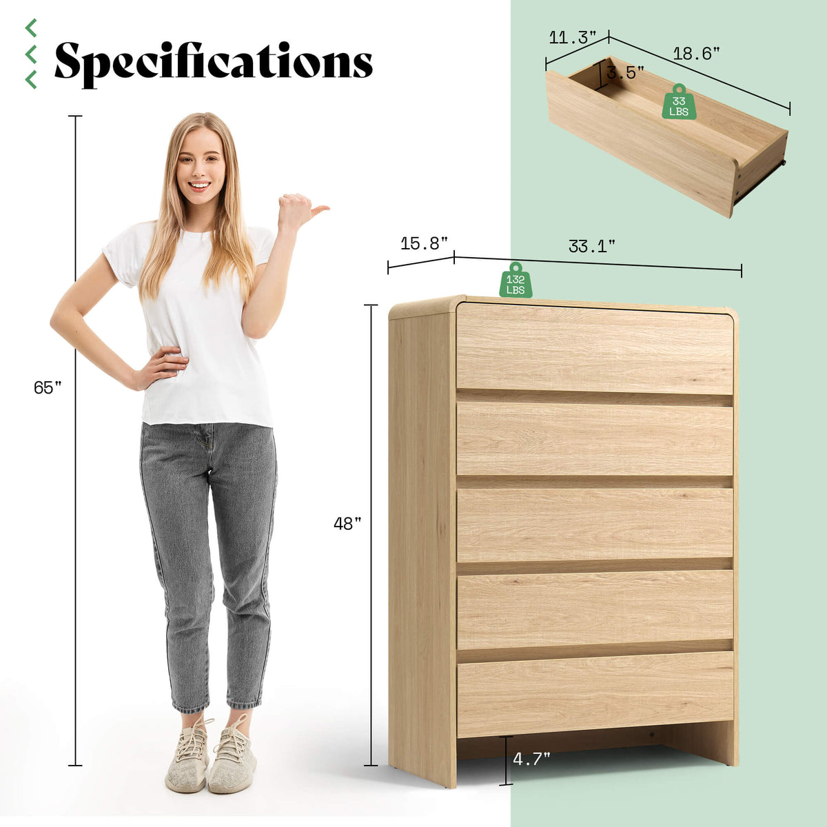 Garyon Modern 5-Drawer Storage Dresser _Light Oak