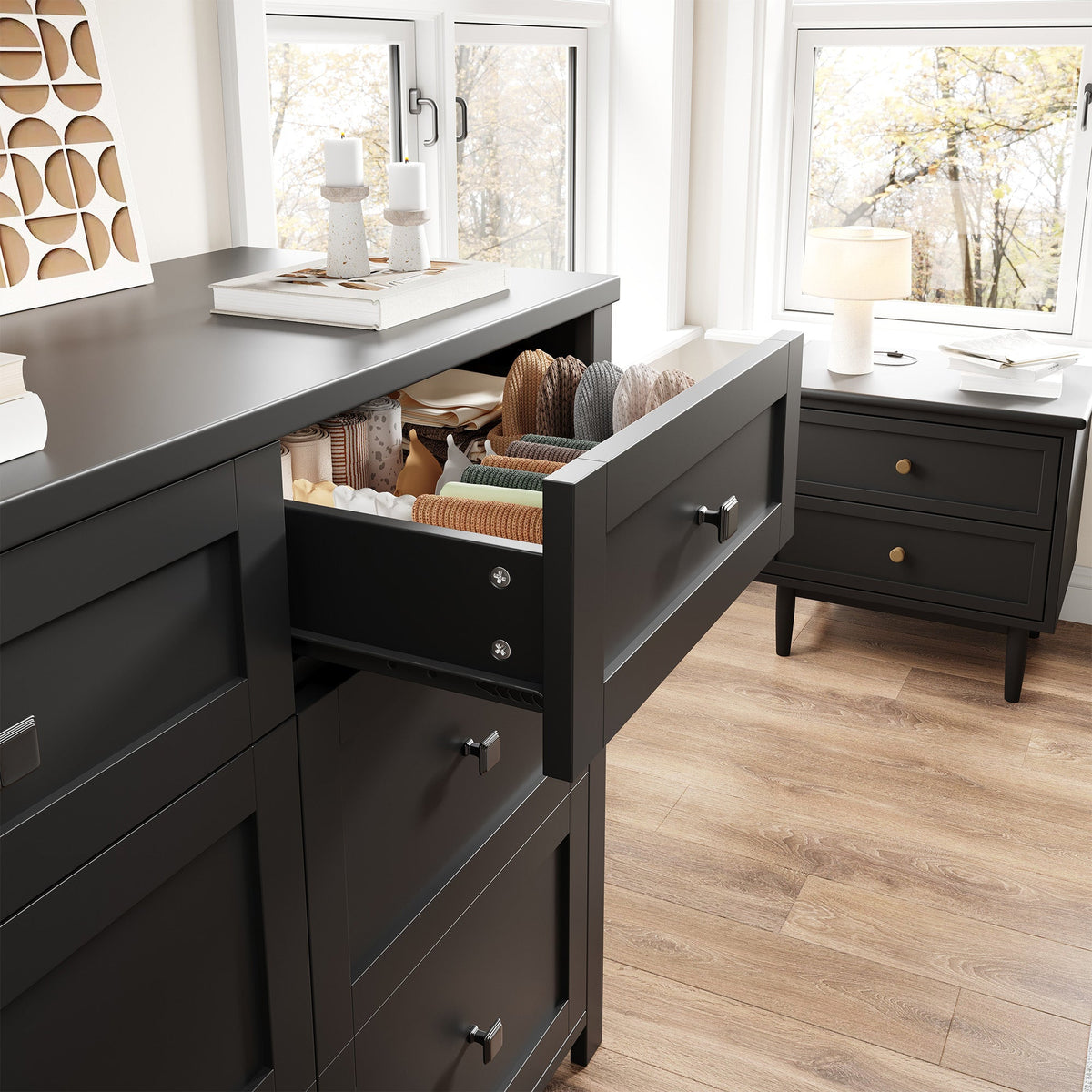 Faux 41" Dresser with Built-in Mini Fridge -Black