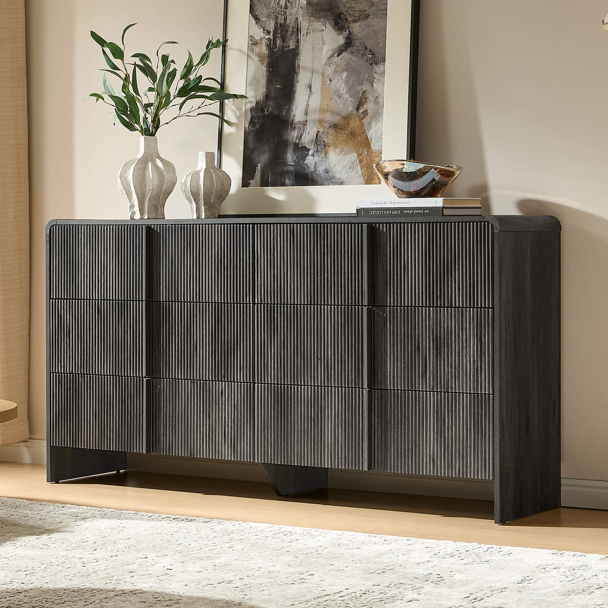 Garyon Fluted 6-Drawer Wide Dresser - Black