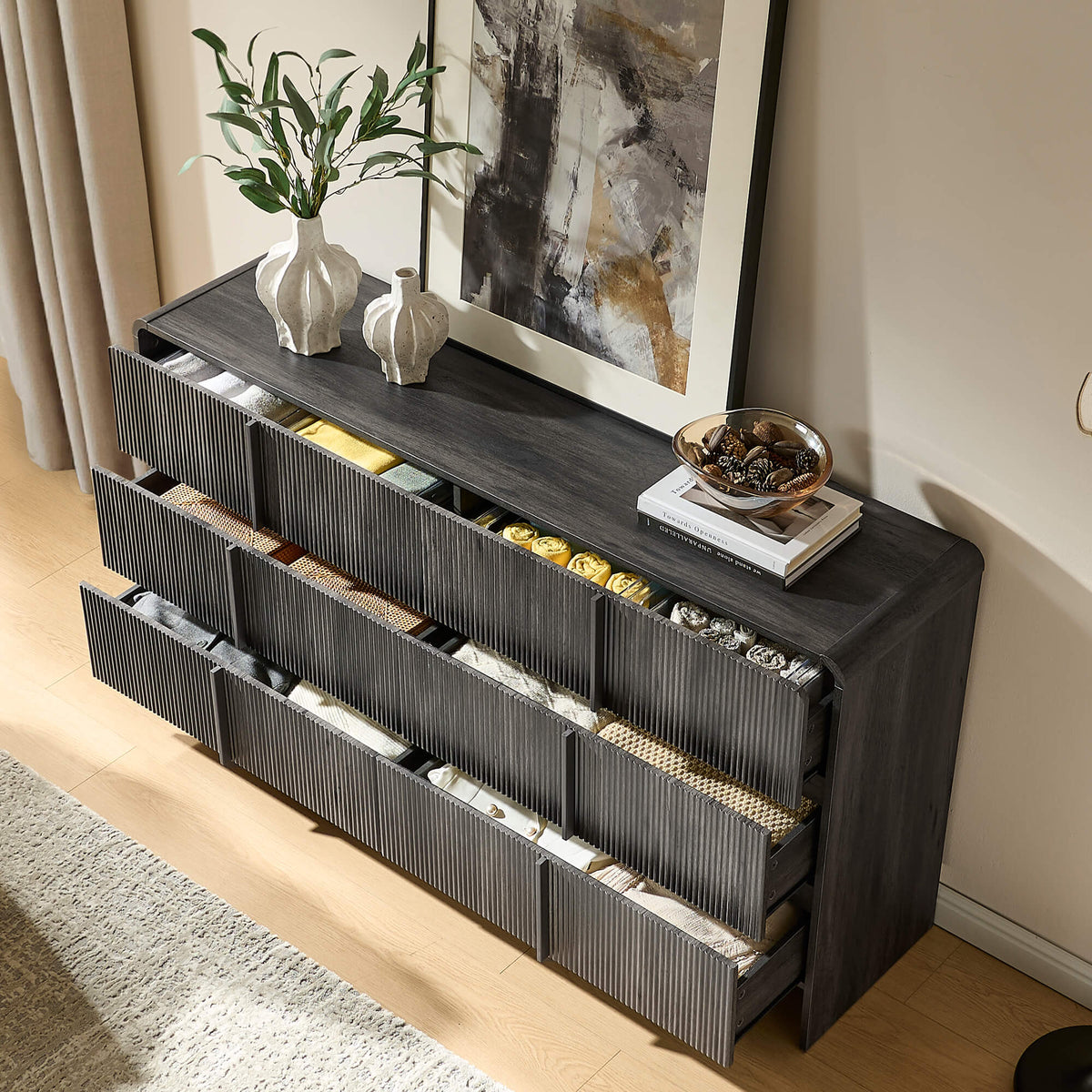 Garyon Fluted 6-Drawer Wide Dresser - Black