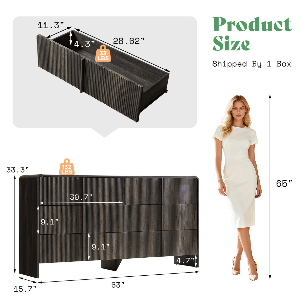Garyon Fluted 6-Drawer Wide Dresser - Black