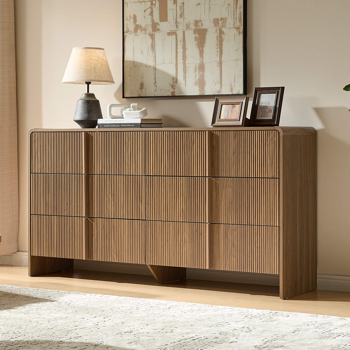 Garyon Fluted 6-Drawer Wide Dresser - Dark Walnut