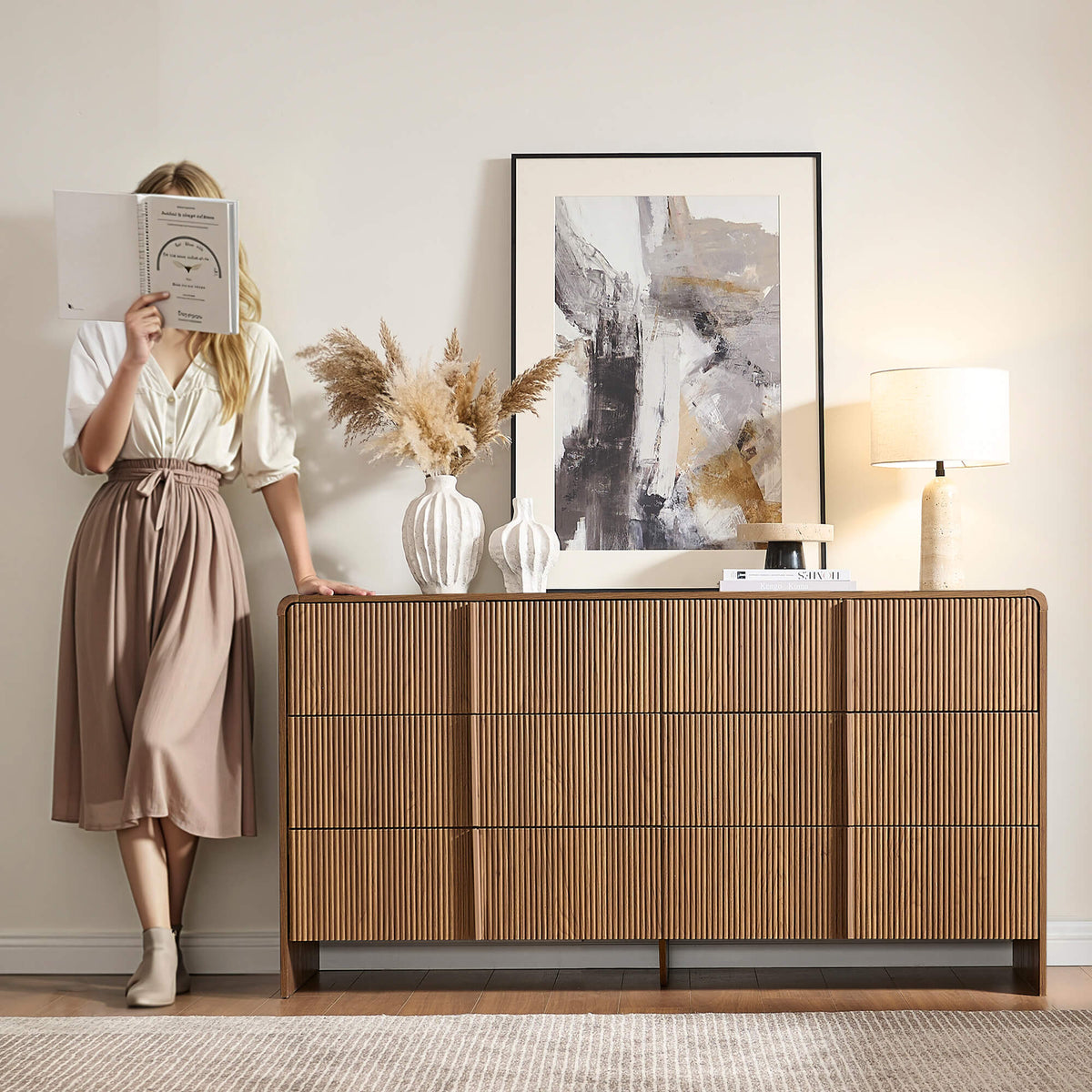 Garyon Fluted 6-Drawer Wide Dresser - Dark Walnut