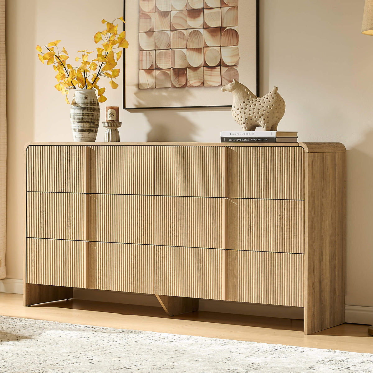 Garyon Fluted 6-Drawer Wide Dresser - Natural Oak