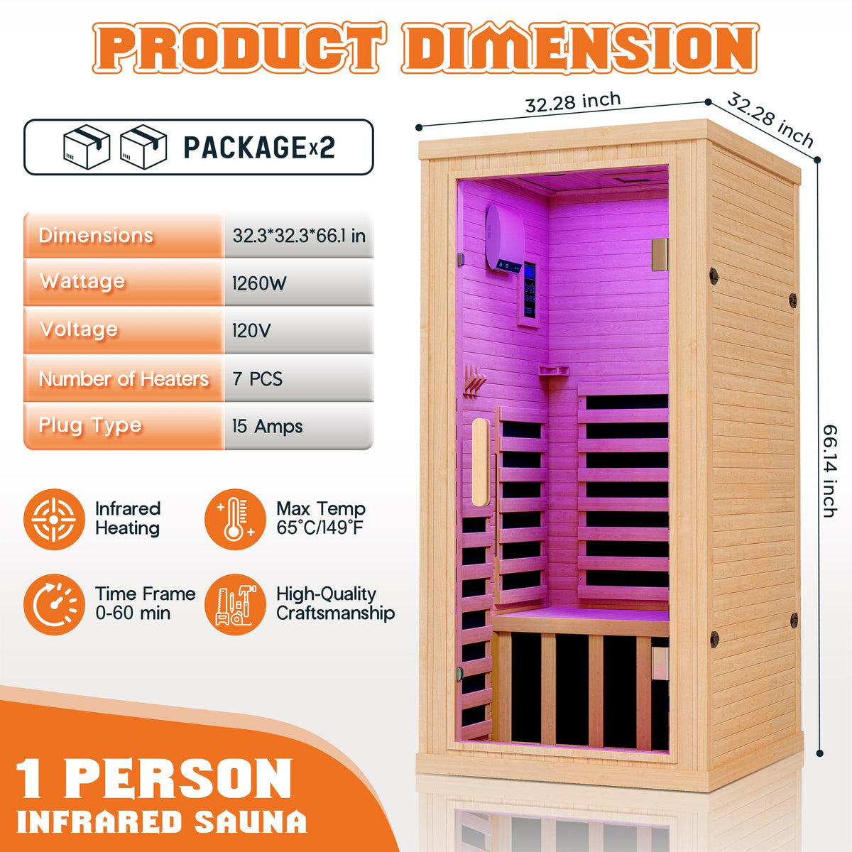 Low EMF Infrared Saunas for Home Amerlife 1-Person 32.3*32.3*66.1 Inch