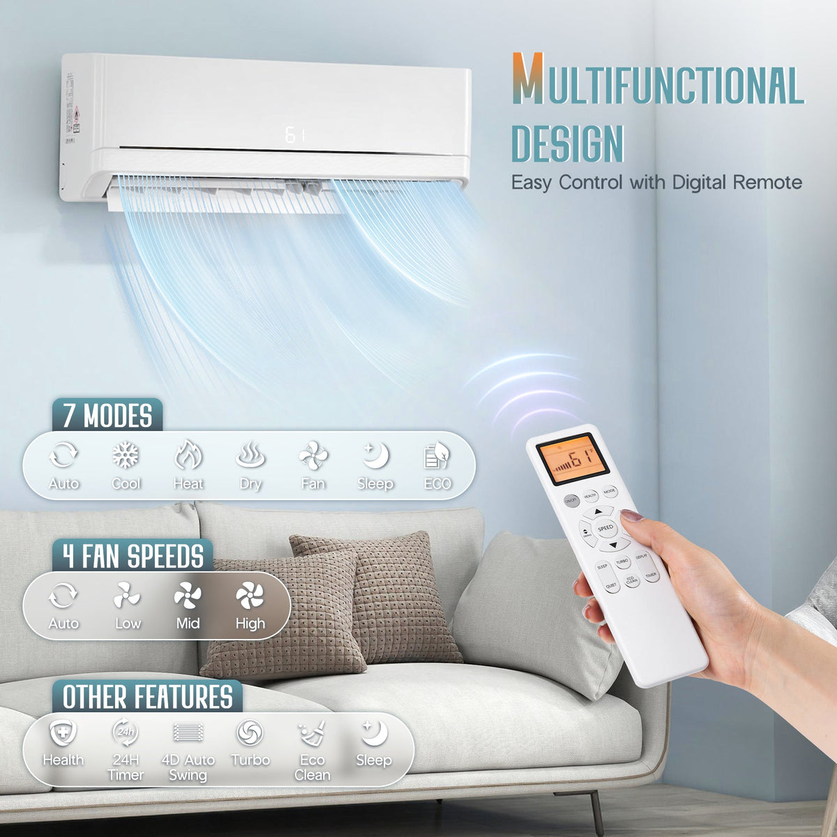 Whisper Ductless Mini Split AC and Heating System-18000BTU-220V