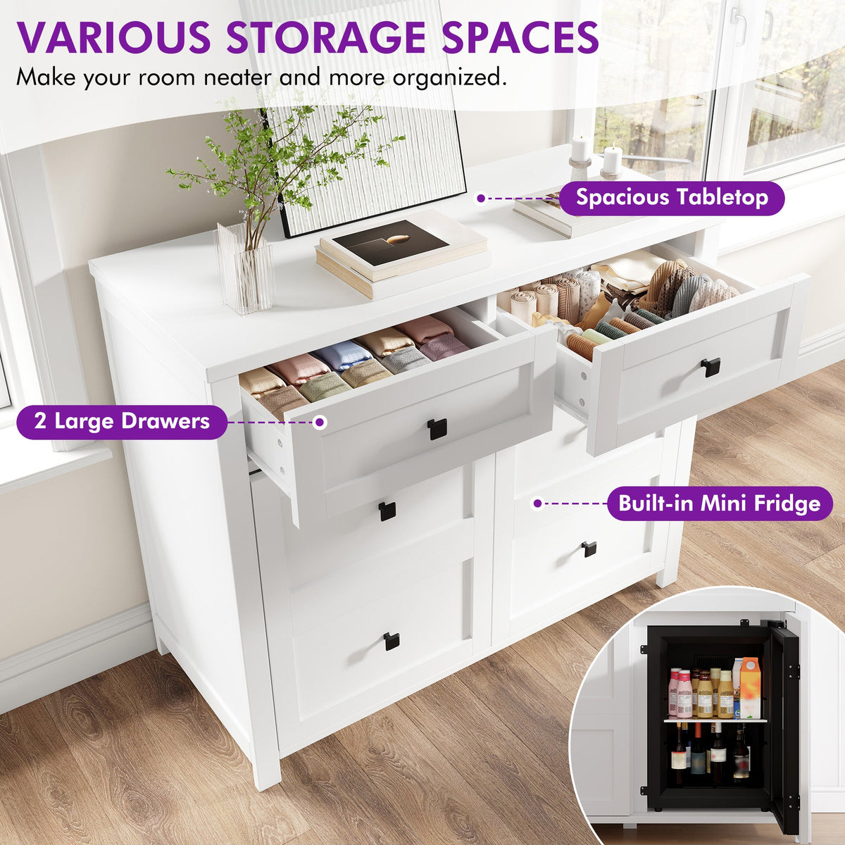 Faux 41" Dresser with Built-in Mini Fridge -White