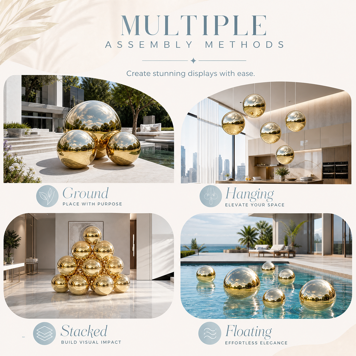 Vibe Reusable Inflatable Mirror Balls for Disco Parties & Events-4PCS-19.7"+31.5"+47.2"+59.1"-Gold