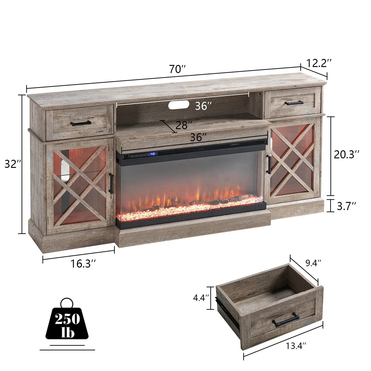 Austin 70" Fireplace TV Stand - Light Gray