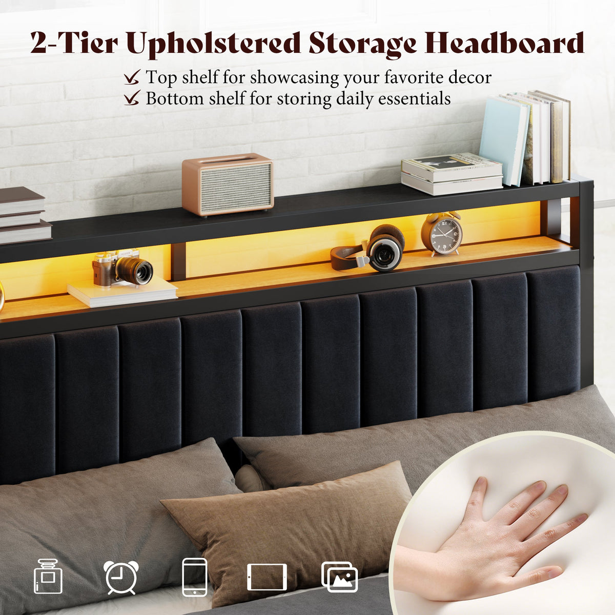 Veltrix LED Storage Velvet Bed Frame Amerlife King / Black
