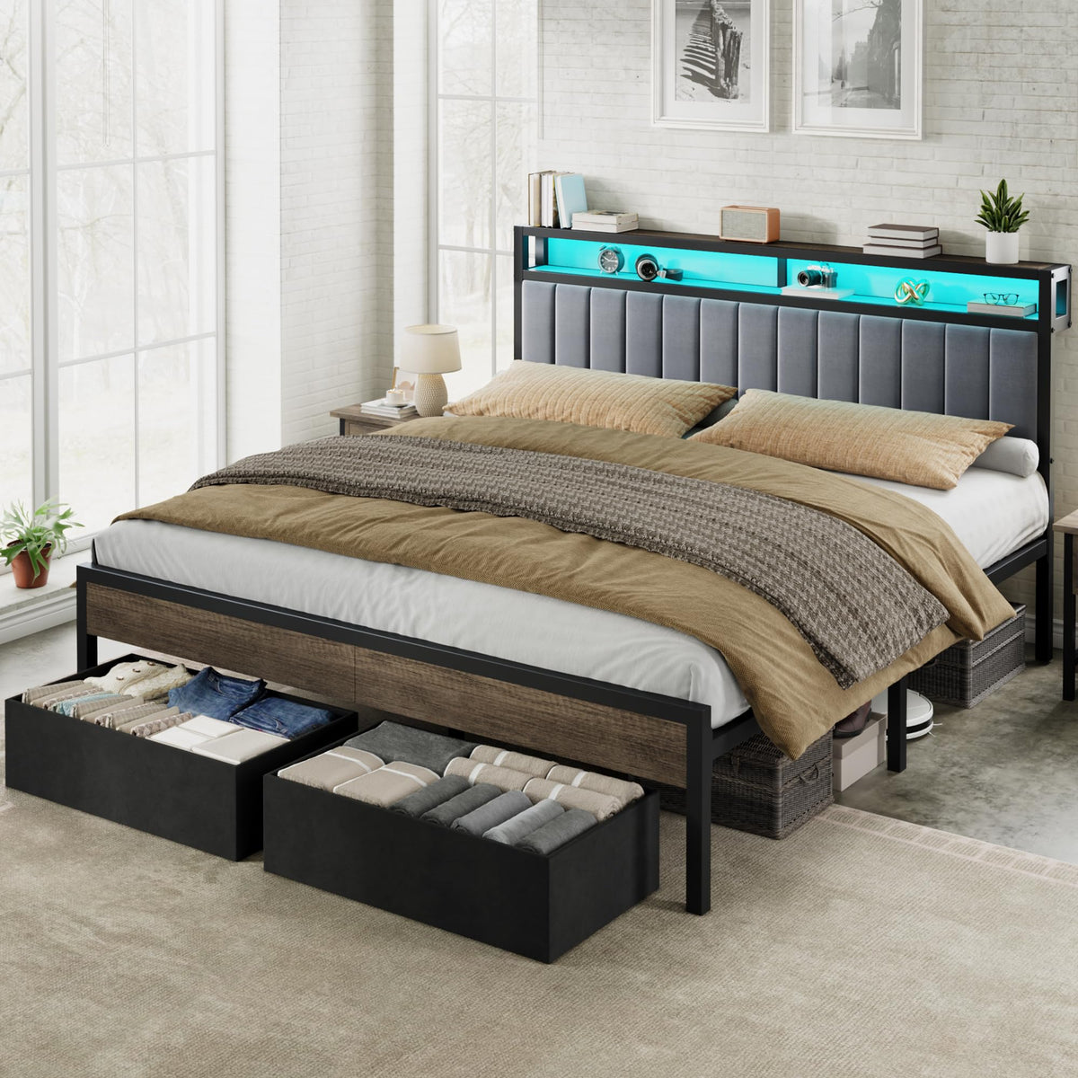 Veltrix LED Storage Velvet Bed Frame Amerlife King / Grey