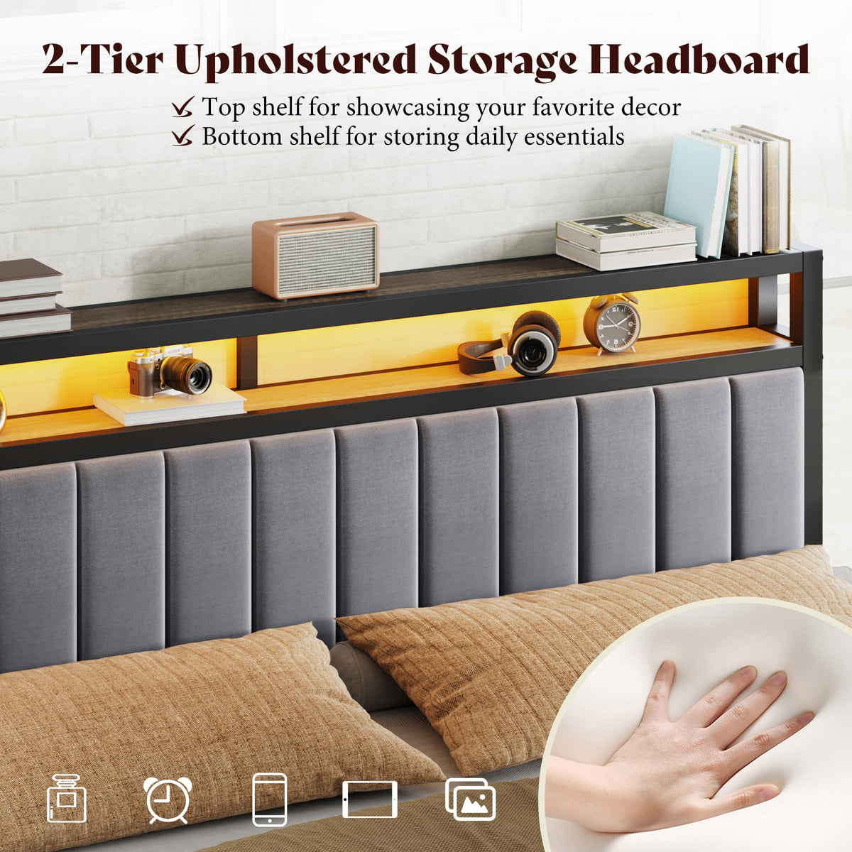 Veltrix LED Storage Velvet Bed Frame Amerlife King / Grey