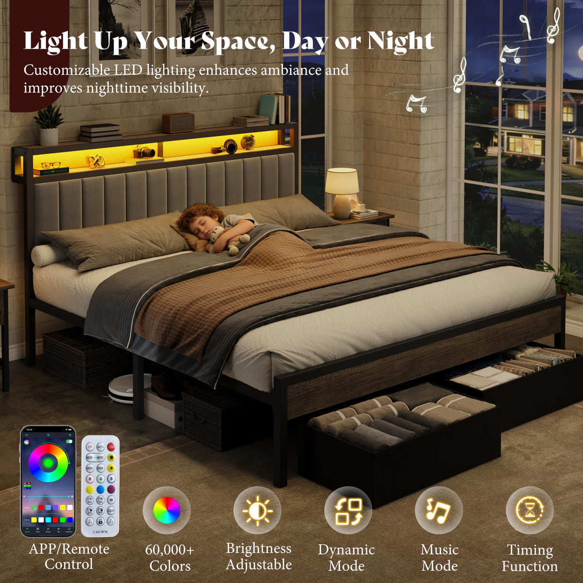Veltrix LED Storage Velvet Bed Frame Amerlife King / Grey