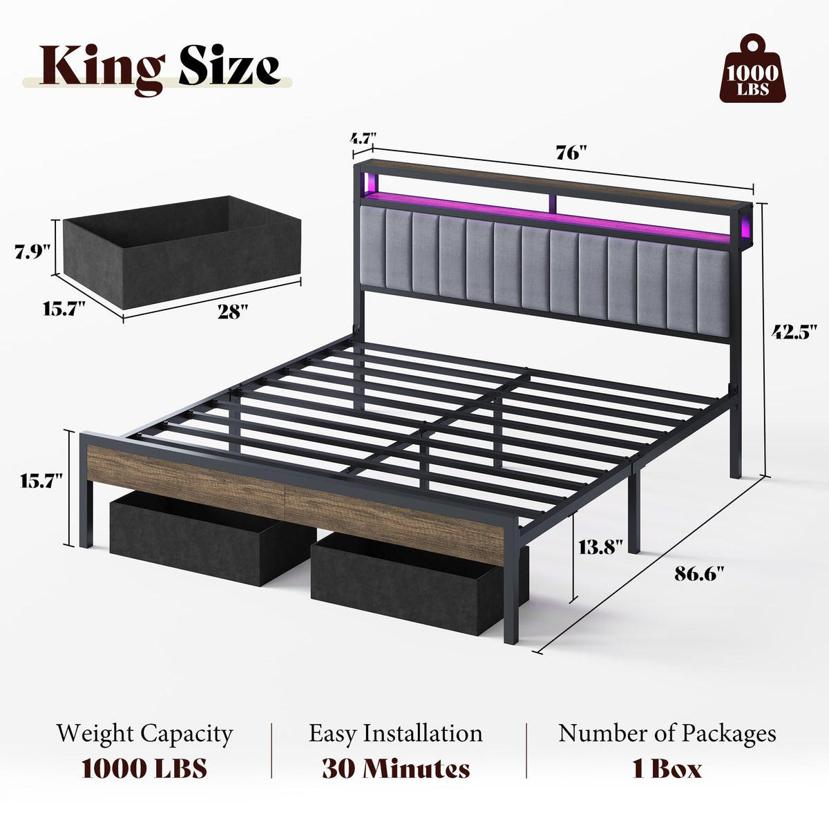 Veltrix LED Storage Velvet Bed Frame Amerlife King / Grey