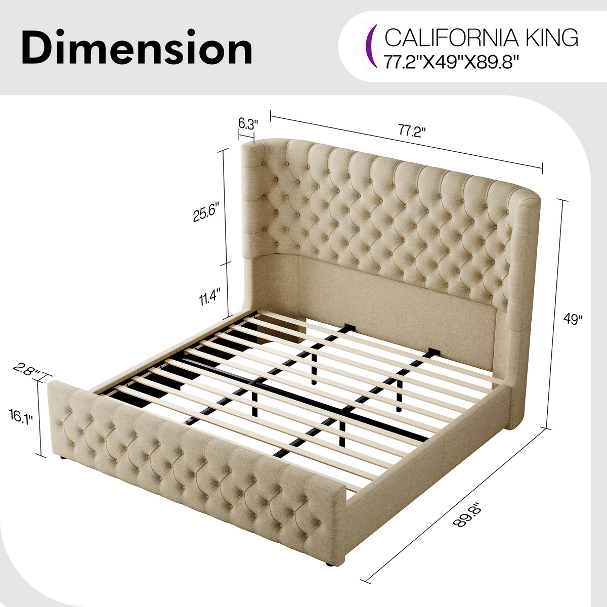 Plush Curved Wingback Bed Frame - CK Bed Khaki