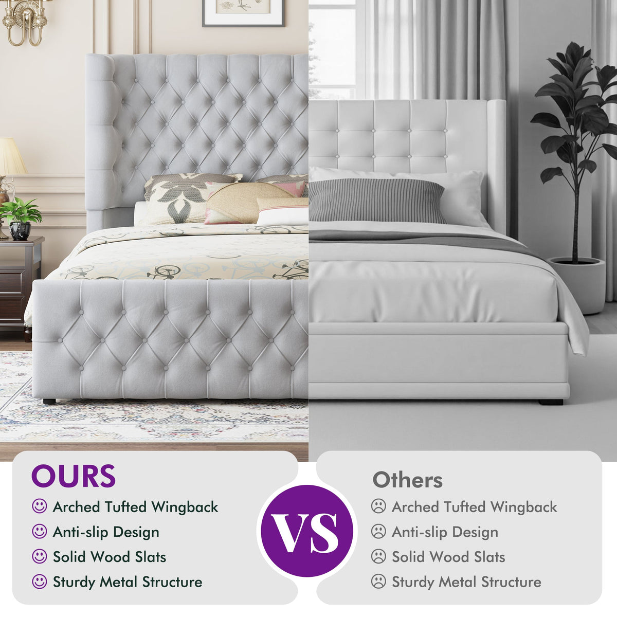 Plush Curved Wingback Bed Frame - CK Bed Light Gray