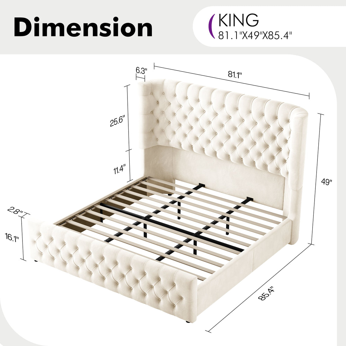 Plush Curved Wingback Bed Frame - King Bed Beige