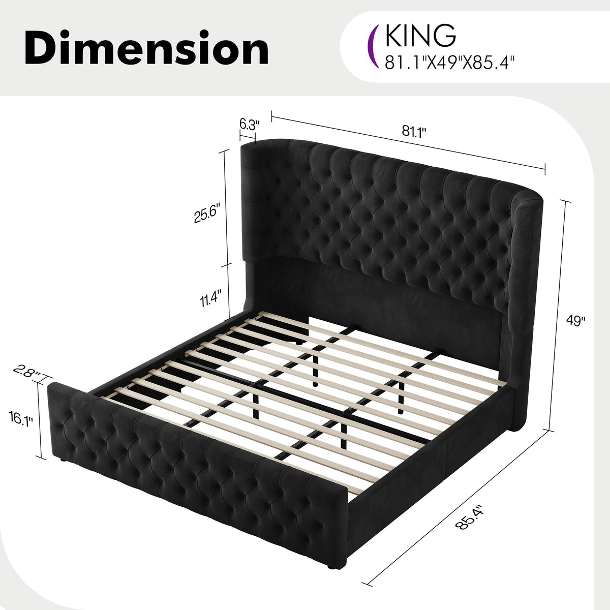 Plush Curved Wingback Bed Frame - King Bed Black