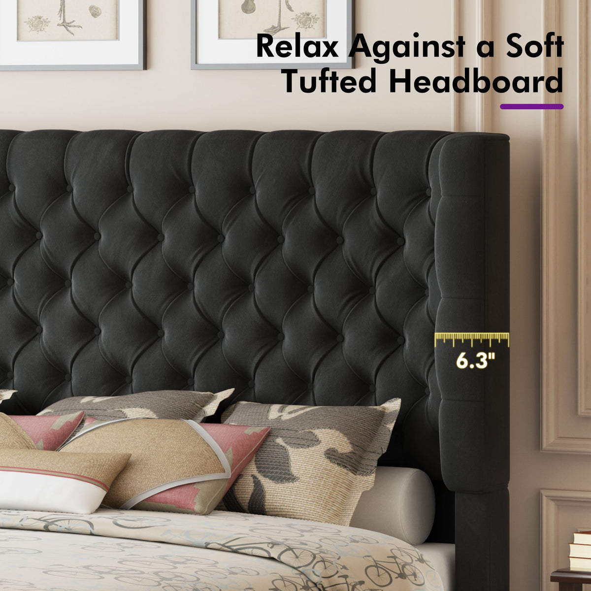 Plush Curved Wingback Bed Frame - King Bed Black