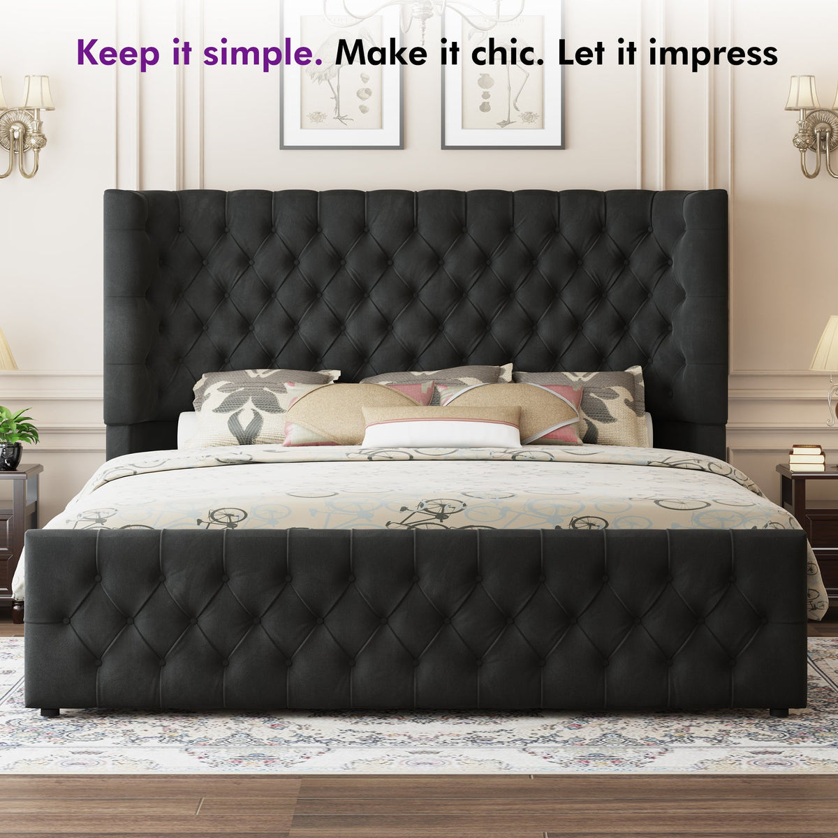 Plush Curved Wingback Bed Frame - King Bed Black