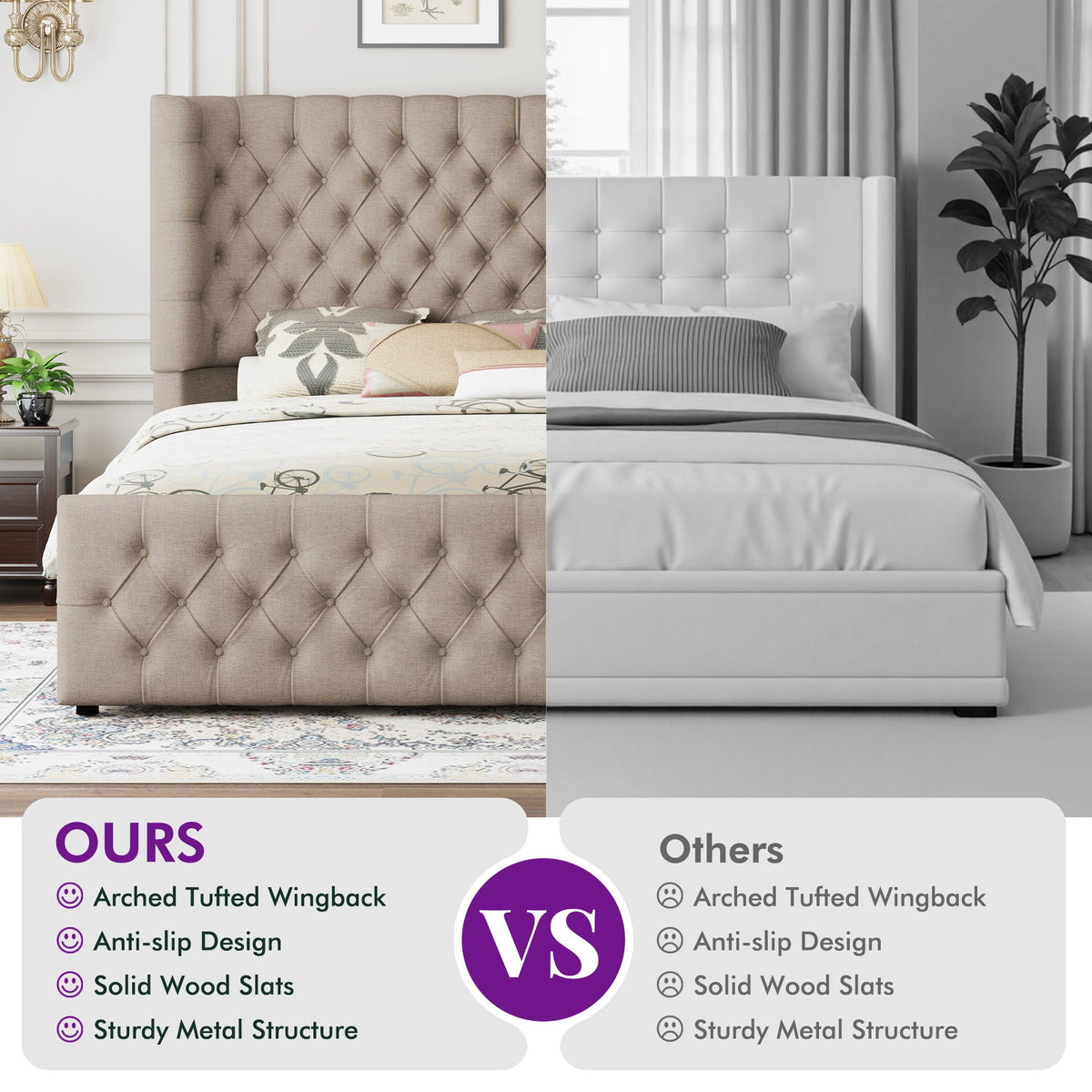Plush Curved Wingback Bed Frame - King Bed Khaki