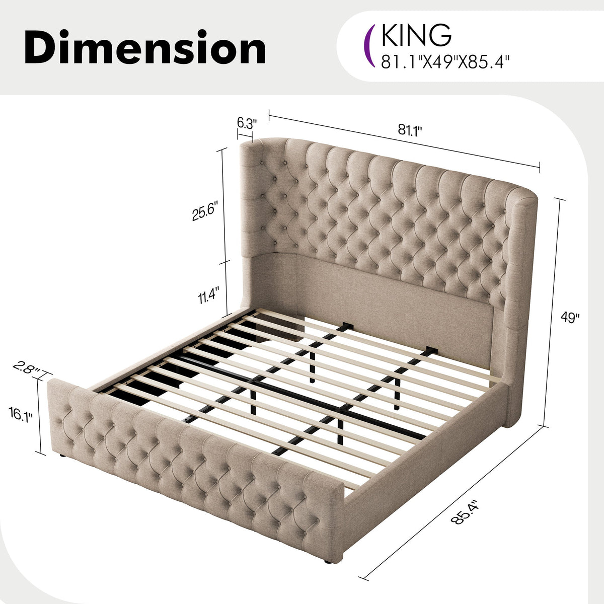 Plush Curved Wingback Bed Frame - King Bed Khaki