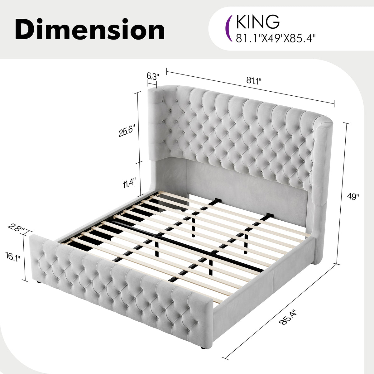 Plush Curved Wingback Bed Frame - King Bed Light Gray