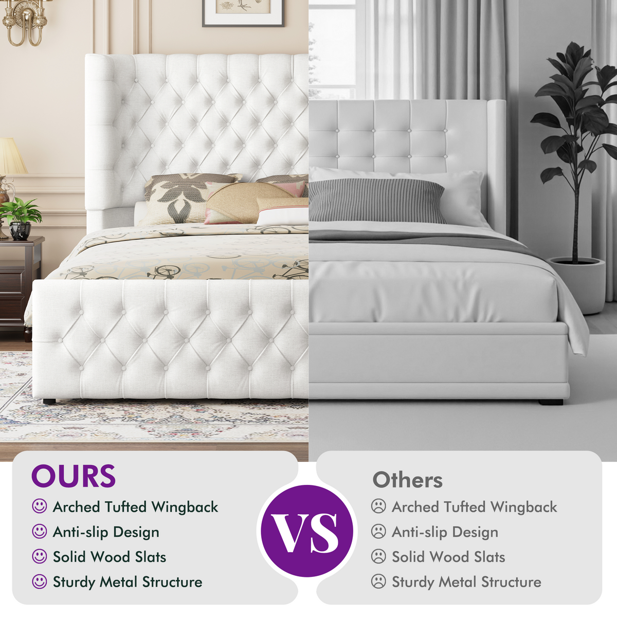 Plush Curved Wingback Bed Frame - King Bed White