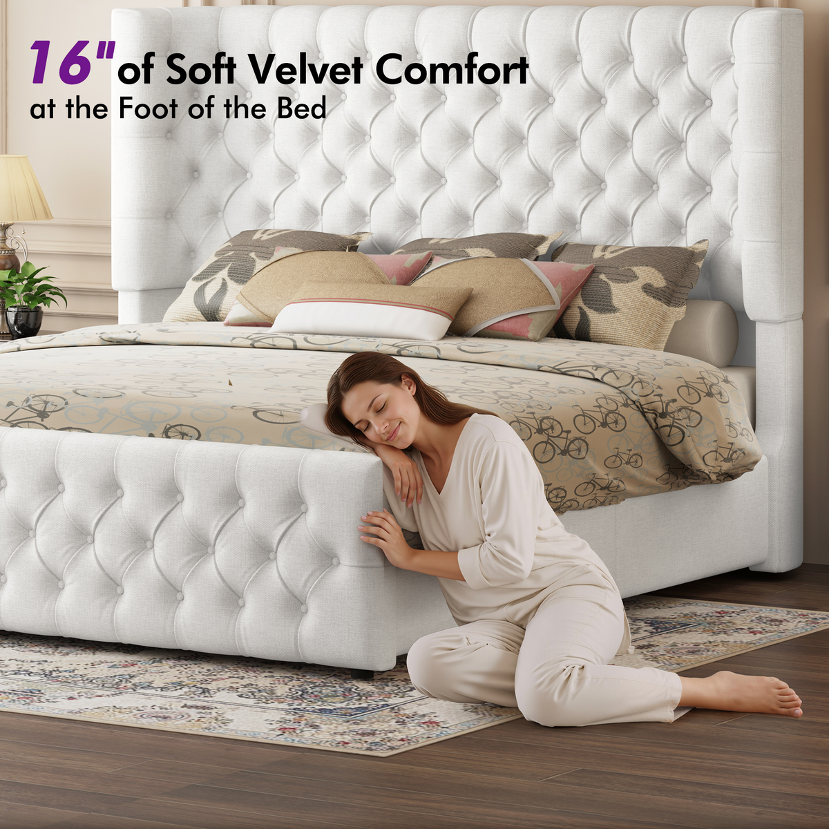 Plush Curved Wingback Bed Frame - King Bed White
