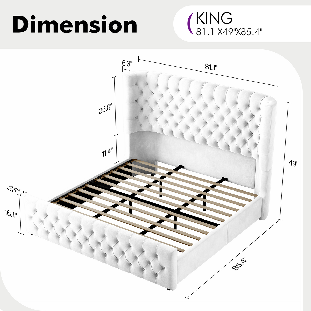 Plush Curved Wingback Bed Frame - King Bed White