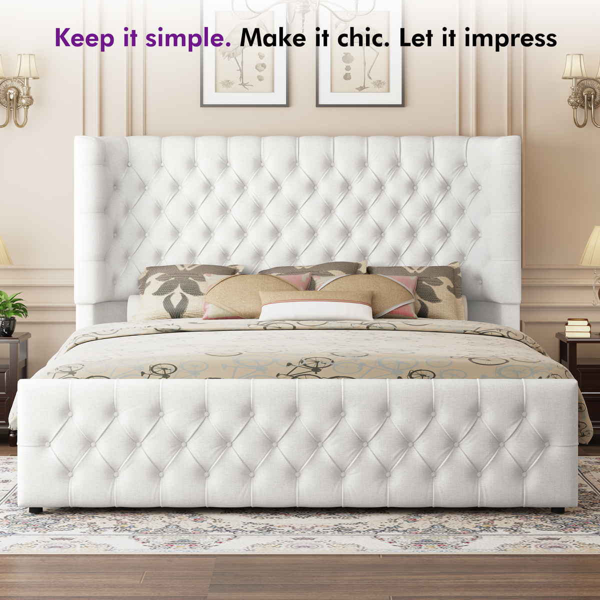 Plush Curved Wingback Bed Frame - King Bed White