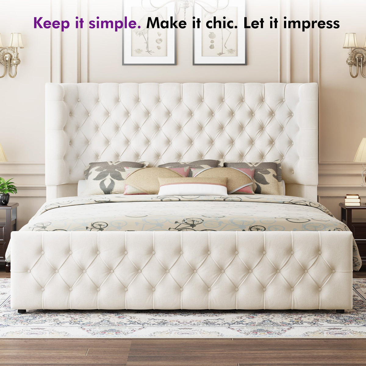 Plush Curved Wingback Bed Frame - Queen Bed Begie