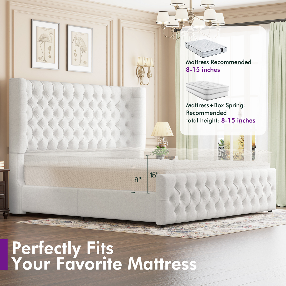 Plush Curved Wingback Bed Frame - Queen Bed White