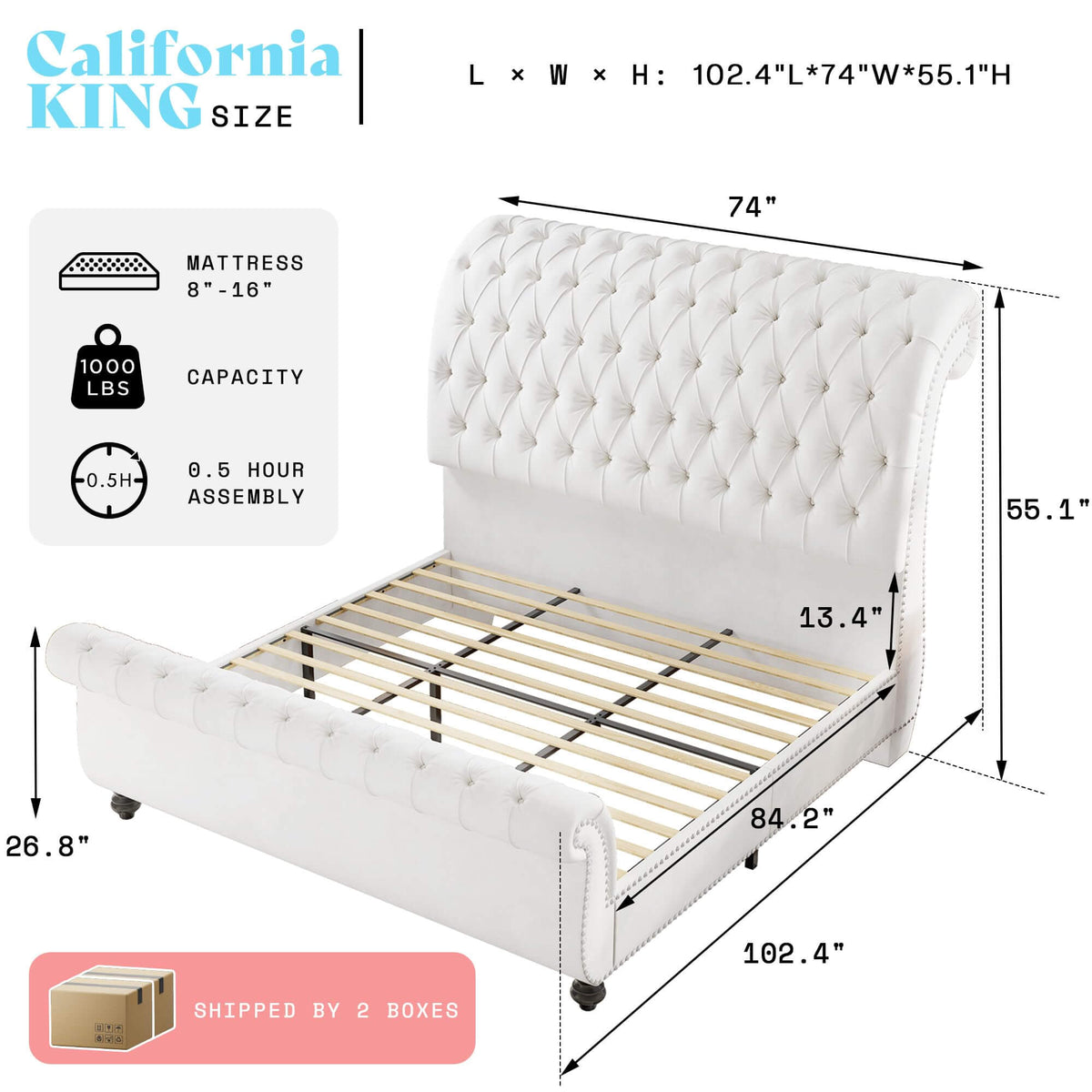 Windsor Sleigh Bed Frame -White