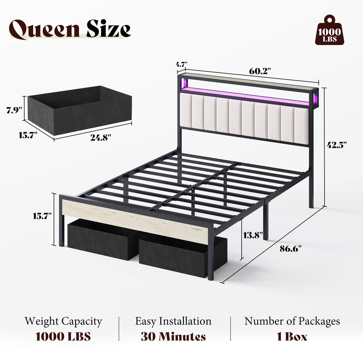 Veltrix LED Storage Velvet Bed Frame Amerlife Queen / White