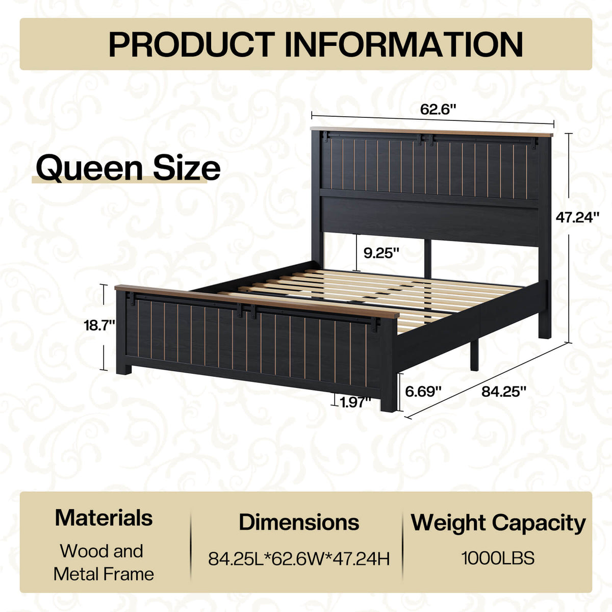 Tennyson Storage Wooden Bed Frame-Queen(Black)