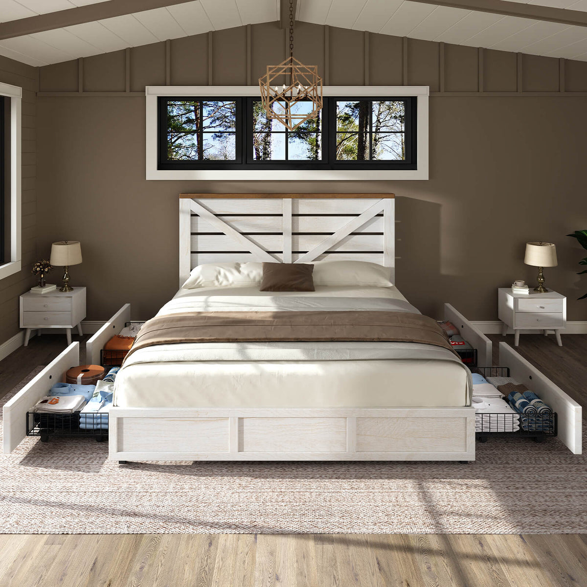 Bandera Bed Frame with 4 Drawers - Distressed White