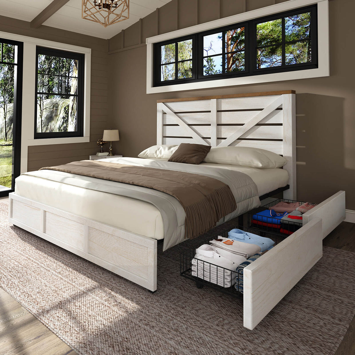 Bandera Bed Frame with 4 Drawers - Distressed White